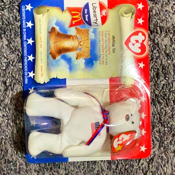 1996 McDonald’s Happy Meal TY Beanie Baby “Liberty The Bear” with tag errors.
